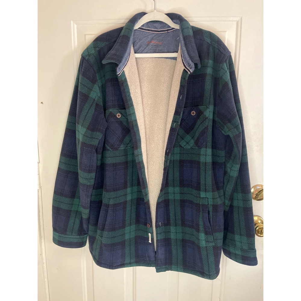 Weatherproof Vintage Mens XXL Green Blue Plaid Sherpa Lined Fleece Shirt Jacket